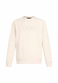 Krémová mikina s okrúhlym výstrihom, dlhými rukávmi a textúrovaným logom LIU JO vpredu. Vyrobená z mäkkej látky s hladkým povrchom.