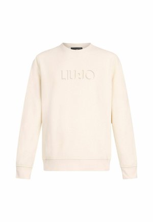 Kreidefarbener Sweatshirt mit Rundhalsausschnitt, langen Ärmeln und einem strukturierten LIU JO-Logo auf der Vorderseite. Hergestellt aus weichem Stoff mit glatter Oberfläche.
