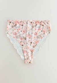 Chiloți cu model floral din material moale, având o bază roz deschis cu accente gri și un tiv dantelat crestat pe părți.