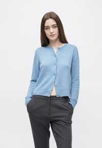 Svijetloplavi kardigan s okruglim izrezom, kopčan sprijeda gumbima i rebrastim manžetnama, upareno s tamnosivim hlačama. Mekana tekstura, klasičan kroj.