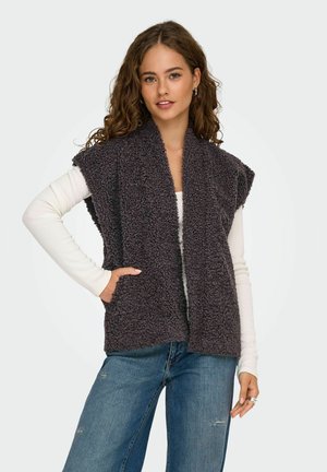 Donkergrijze mouwloze vest met een fuzzy textuur, open voorkant en zijzakken, gedragen over een witte langemouwen shirt en blauwe jeans.