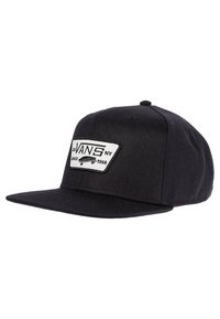 Cappello nero con visiera piatta, realizzato in tessuto, caratterizzato da una patch bianca con "VANS NY" e un grafico di skateboard. Design semplice con dettagli di cucitura.