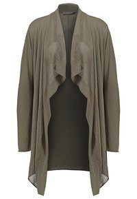Olivgrön öppen cardigan med en texturerad frampanel, lös passform och draperad design. Lätt material, långa ärmar.