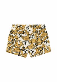Shorts à motifs de bananes jaunes sur fond blanc, avec une taille élastique et des accents noirs. Fabriqués en tissu doux avec une coupe décontractée.