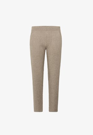 Beige tapsbroek gemaakt van zachte stof met een elastische tailleband en zonder zichtbare zakken. Eenvoudig ontwerp met een gladde textuur.