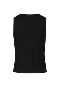 Haut noir sans manches en matière lisse et extensible. Dispose d'un col rond et d'une silhouette ajustée, conçu pour un look simple et minimaliste.