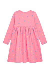 Rosa Langarmkleid mit gerafftem Bund, das mit einem Muster aus bunten Herzen in Blau, Gelb und Pink verziert ist. Aus weichem Baumwollmaterial.