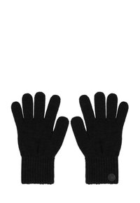 Juodi megzti pirštinės su raukšlėta apykakle, pasižyminčios lygaus paviršiaus tekstūra ir apvaliu logotipo akcentu vienoje pusėje.