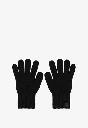 Svarta stickade handskar med ribbad manschett, med en slät textur och en rund logotypdetalj på ena sidan.