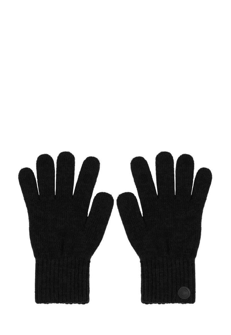 Juodi megzti pirštinės su raukšlėta apykakle, pasižyminčios lygaus paviršiaus tekstūra ir apvaliu logotipo akcentu vienoje pusėje.