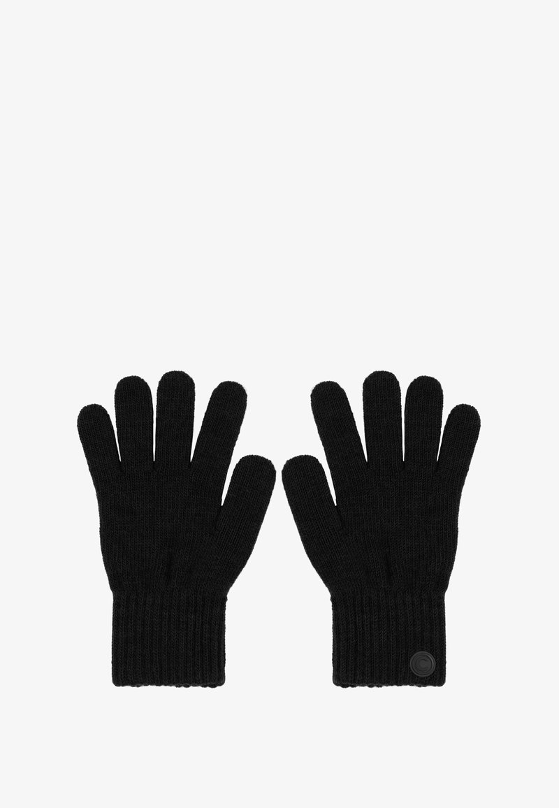 Juodi megzti pirštinės su raukšlėta apykakle, pasižyminčios lygaus paviršiaus tekstūra ir apvaliu logotipo akcentu vienoje pusėje.