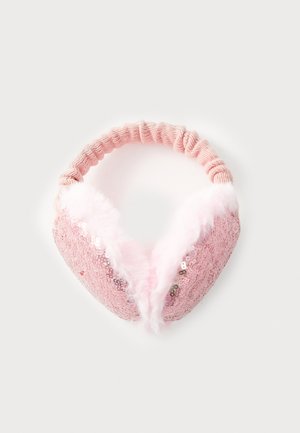 Rosa Ohrenschützer mit funkelnden Pailletten auf der Außenseite, verziert mit weichem Kunstfell und einem dehnbaren Strickband für einen engen Sitz.
