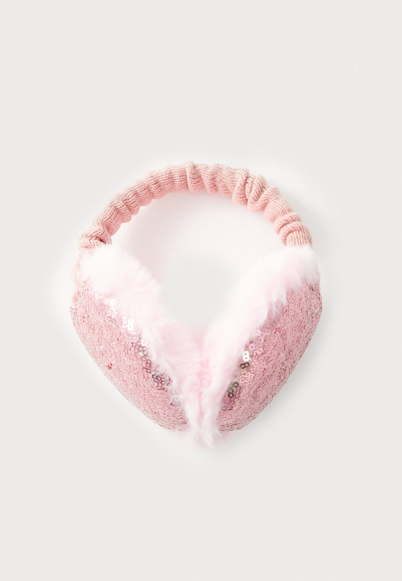 Orejeras rosas con brillantes lentejuelas en la superficie exterior, adornadas con suave pelo sintético y una banda de punto elástica para un ajuste ceñido.