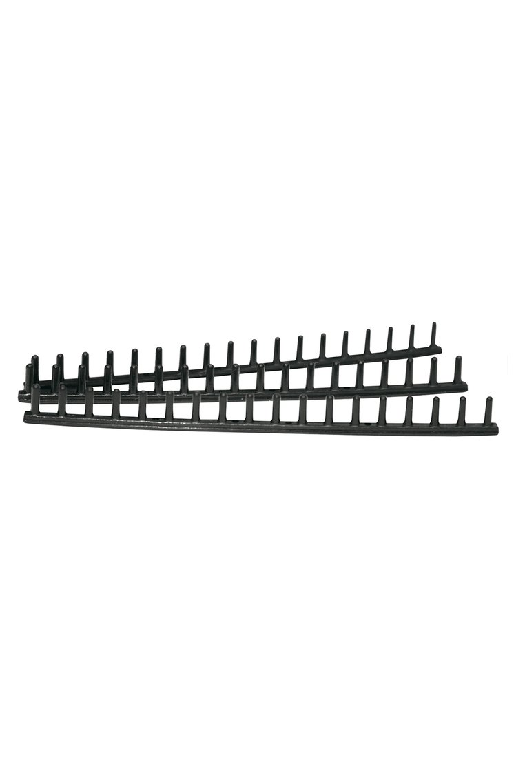 Dos peines de plástico negro para encuadernar con dientes espaciados uniformemente, colocados en paralelo sobre un fondo blanco.