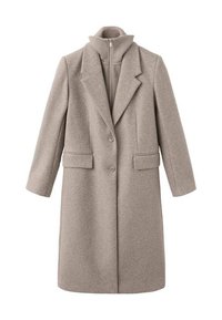 Cappotto in lana grigio chiaro con un design strutturato, caratterizzato da un colletto, due tasche frontali e uno strato interno con cerniera a tutta lunghezza.