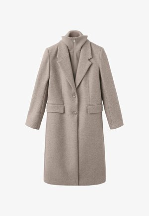 Jasnoszary wełniany płaszcz o strukturze konstrukcyjnej, z kołnierzem, dwoma przednimi kieszeniami oraz pełnej długości wewnętrzną warstwą zapinaną na zamek.