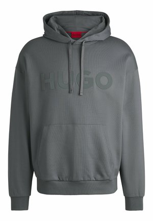 Grauer Hoodie mit großem, erhabenem "HUGO"-Schriftzug. Verfügt über eine frontale Kängurutasche, eine Kapuze mit Kordelzug und gerippte Bündchen und Saum.