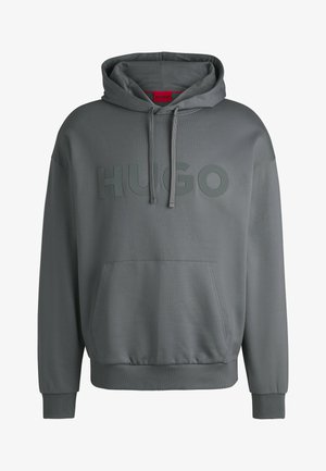 Grauer Hoodie mit großem, erhabenem "HUGO"-Schriftzug. Verfügt über eine frontale Kängurutasche, eine Kapuze mit Kordelzug und gerippte Bündchen und Saum.