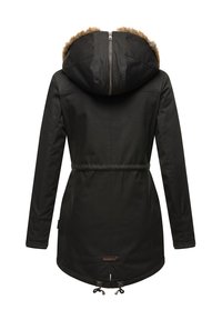 Veste de plein air noire avec une capuche doublée en fausse fourrure, taille cintrée et ourlet à cordon de serrage. Elle est dotée d'une fermeture éclair et de manches longues.