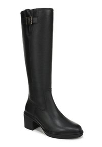 Knee-high black leather boots with a textured finish, chunky heel, and decorative buckle accent on the side. Rounded toe design.