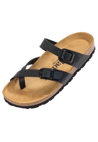 Sort lædersandal med to justerbare spænder, korkfodbed og en struktureret gummisål for godt greb og holdbarhed.