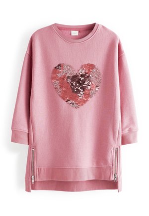 Sweat-shirt rose à manches longues avec poignets côtelés, motif cœur en sequins sur le devant et fentes latérales zippées à l'ourlet.
