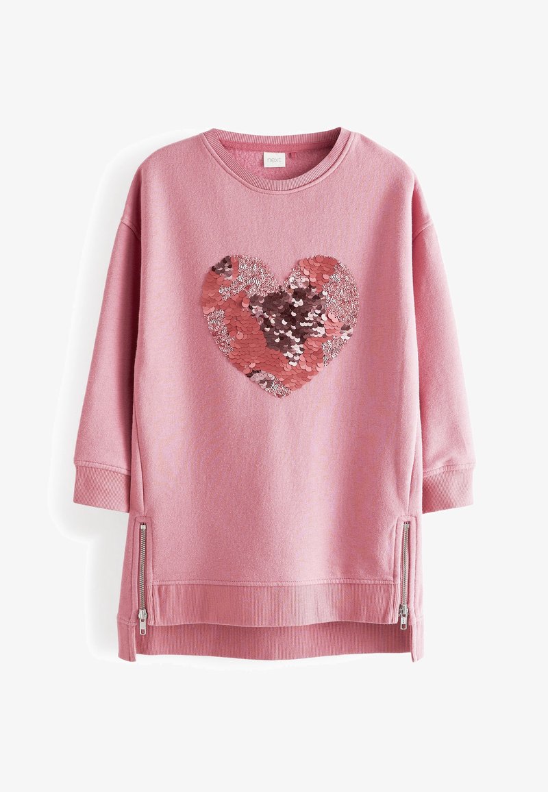 Sweat-shirt rose à manches longues avec poignets côtelés, motif cœur en sequins sur le devant et fentes latérales zippées à l'ourlet.