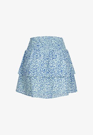 Light blue layered skirt featuring a smocked waistband and a scattered blue dot pattern, made from a lightweight, textured fabric.