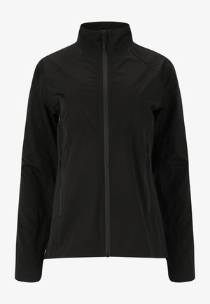 Veste noire légère avec un col montant, fermeture éclair intégrale et deux poches latérales. Texture lisse et design ajusté pour une apparence épurée.