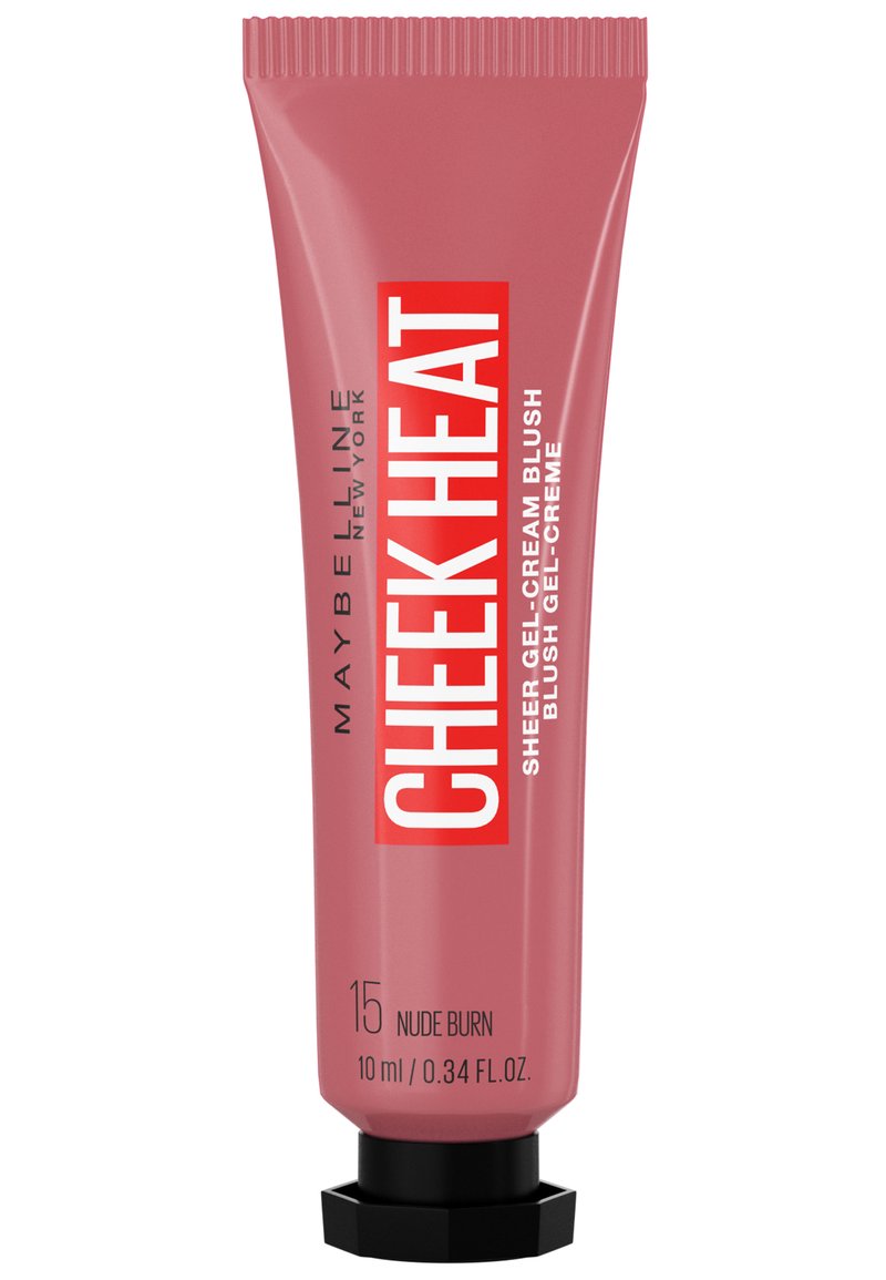 Blush crema in un tubo rosa con un cappuccio esagonale nero. L'etichetta riporta "CHEEK HEAT" in bold lettere bianche. Dimensioni: 10 ml, tonalità: Nude Burn.