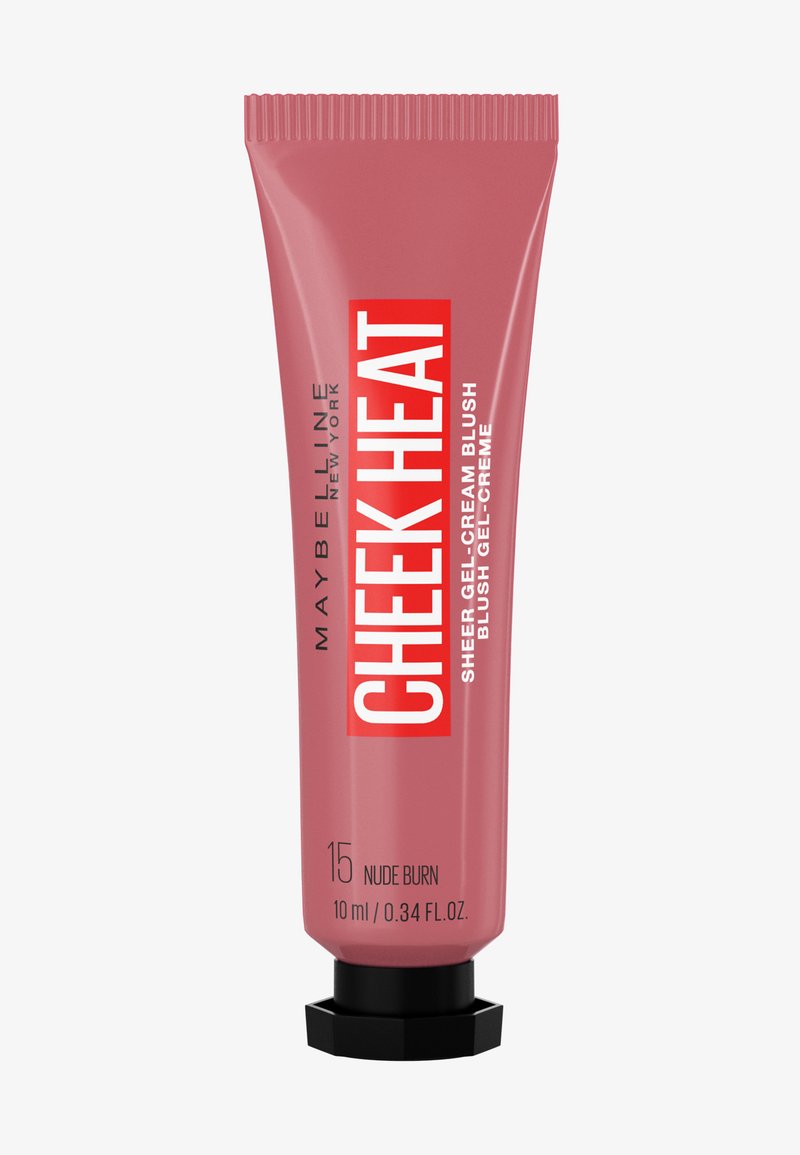 Creme-Rouge in einer pinken Tube mit einem schwarzen sechseckigen Deckel. Das Etikett trägt in kräftigen weißen Buchstaben "CHEEK HEAT". Größe: 10 ml, Farbton: Nude Burn.