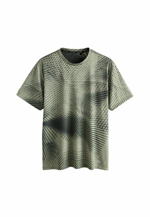 T-shirt à manches courtes à motif vert featuring des designs géométriques dans des nuances foncées et claires, fabriqué à partir d'un tissu doux avec un col rond.