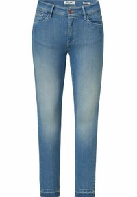 Jeans de denim azul claro con un corte ajustado, cinco bolsillos, cierre de botón y un sutil desvanecimiento en los muslos y a lo largo de las piernas.