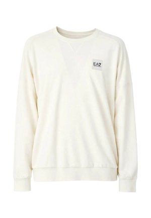 Cremeweißes Sweatshirt mit langen Ärmeln und Rundhalsausschnitt, gerippte Bündchen an Ärmeln und Saum, mit einem kleinen EA7 Emporio Armani Logo-Patch auf der linken Brust.
