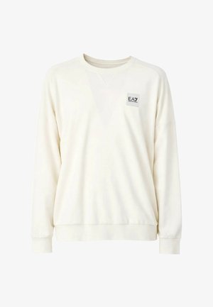 Cremeweißes Sweatshirt mit langen Ärmeln und Rundhalsausschnitt, gerippte Bündchen an Ärmeln und Saum, mit einem kleinen EA7 Emporio Armani Logo-Patch auf der linken Brust.
