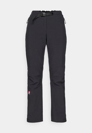 Pantalons d'extérieur noirs avec une coupe ajustée, taille élastique, ceinture réglable, poches zippées et un logo rouge sur la jambe inférieure.