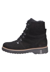 Bottes noires à la cheville avec une finition en daim, un design à lacets et une douce doublure en fourrure au niveau du col. Semelle épaisse et robuste avec un détail de couture contrasté.