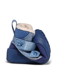 Blaue Kinderstiefel mit einem weichen Futter aus Fell, einer strukturierten Gummisohle und zwei verstellbaren Klettverschlüssen mit einem Elefantenlogo.