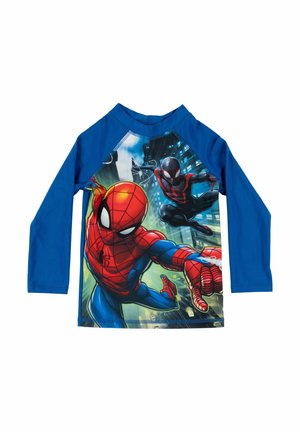 Child's blue long-sleeve shirt featuring two Spider-Man characters swinging through a cityscape background.