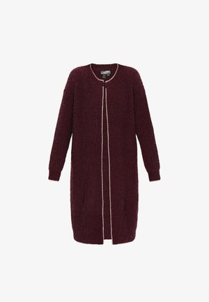 Bordowy długi kardigan wykonany z teksturowanej dzianiny, z okrągłym dekoltem i kontrastowym beżowym wykończeniem wzdłuż przedniego otwarcia oraz mankietów.