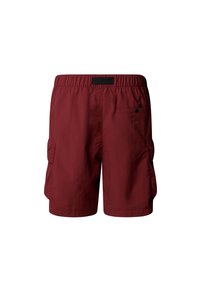 Maroon cargo shorts made of lightweight fabric, featuring an elastic waistband, side pockets, and a rear pocket with a button closure.