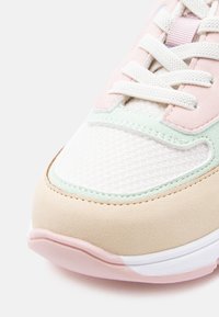 Gros plan sur la pointe d'une basket beige, rose, blanche et vert menthe avec des lacets blancs et un tissu en maille texturé sur un fond clair.