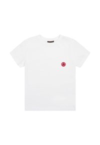 T-shirt in cotone bianco con scollatura rotonda e maniche corte. Presenta una piccola grafica circolare rosa sul lato sinistro del petto.