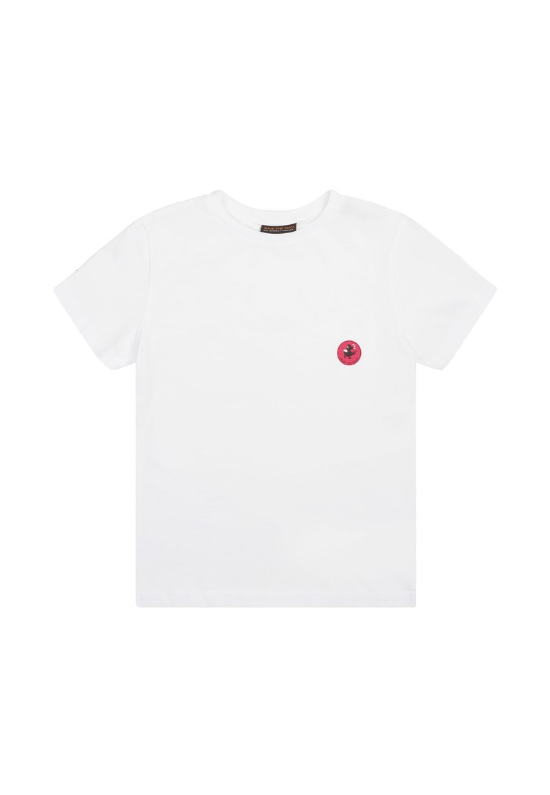 T-shirt in cotone bianco con scollatura rotonda e maniche corte. Presenta una piccola grafica circolare rosa sul lato sinistro del petto.