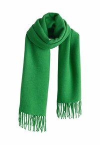 Écharpe en laine verte avec une texture douce, de couleur unie, et des franges aux deux extrémités. Forme rectangulaire pour un style polyvalent.