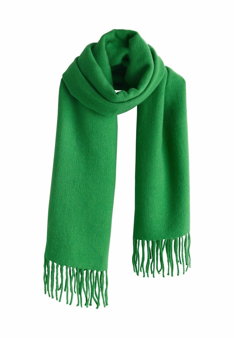 Écharpe en laine verte avec une texture douce, de couleur unie, et des franges aux deux extrémités. Forme rectangulaire pour un style polyvalent.