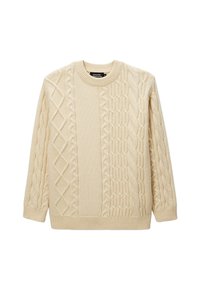 Pull en tricot torsadé de couleur crème présentant plusieurs motifs texturés, avec un col ras du cou côtelé et des manches longues.
