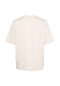 Kortärmad, bakvy av en krämfärgad t-shirt. Har en rundad halsringning och mjukt, slätt bomullsmaterial med en avslappnad passform.