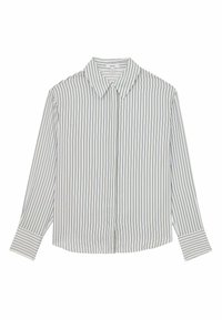 Triibuline pika varrukaga särk, millel on vertikaalsed sinised ja punased triibud valgel taustal, nööbitav krae ja ümar allääre.