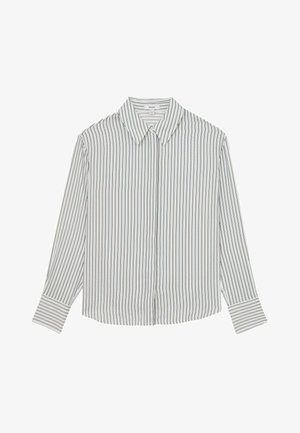 Triibuline pika varrukaga särk, millel on vertikaalsed sinised ja punased triibud valgel taustal, nööbitav krae ja ümar allääre.